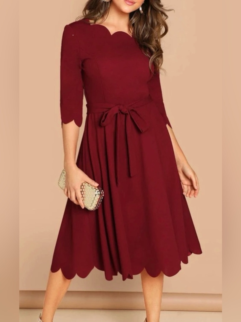 SHEIN Burgundy Scallop-Edge Midi Dress with Tie Waist